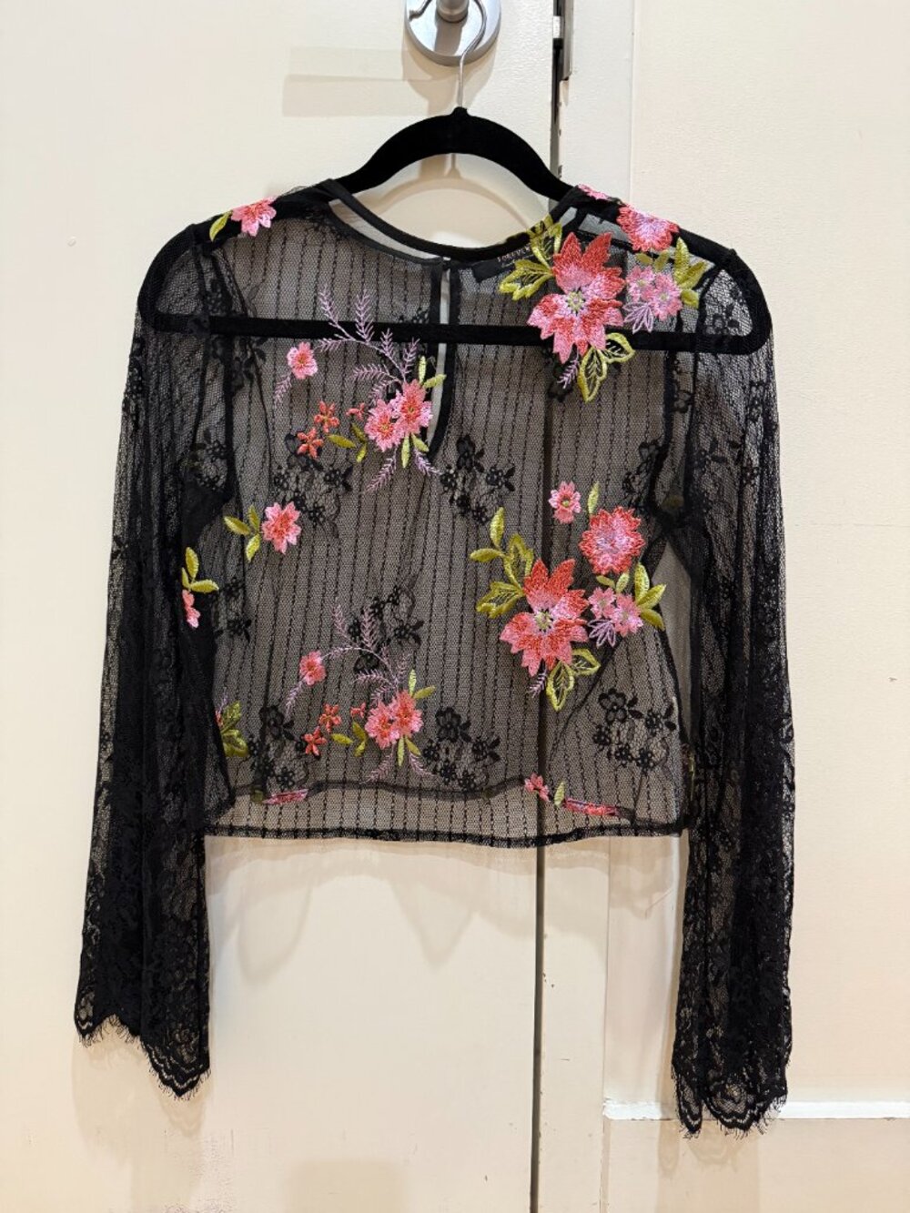 Black Sheer Cropped Mesh Lace Top with Embroidered Flowers